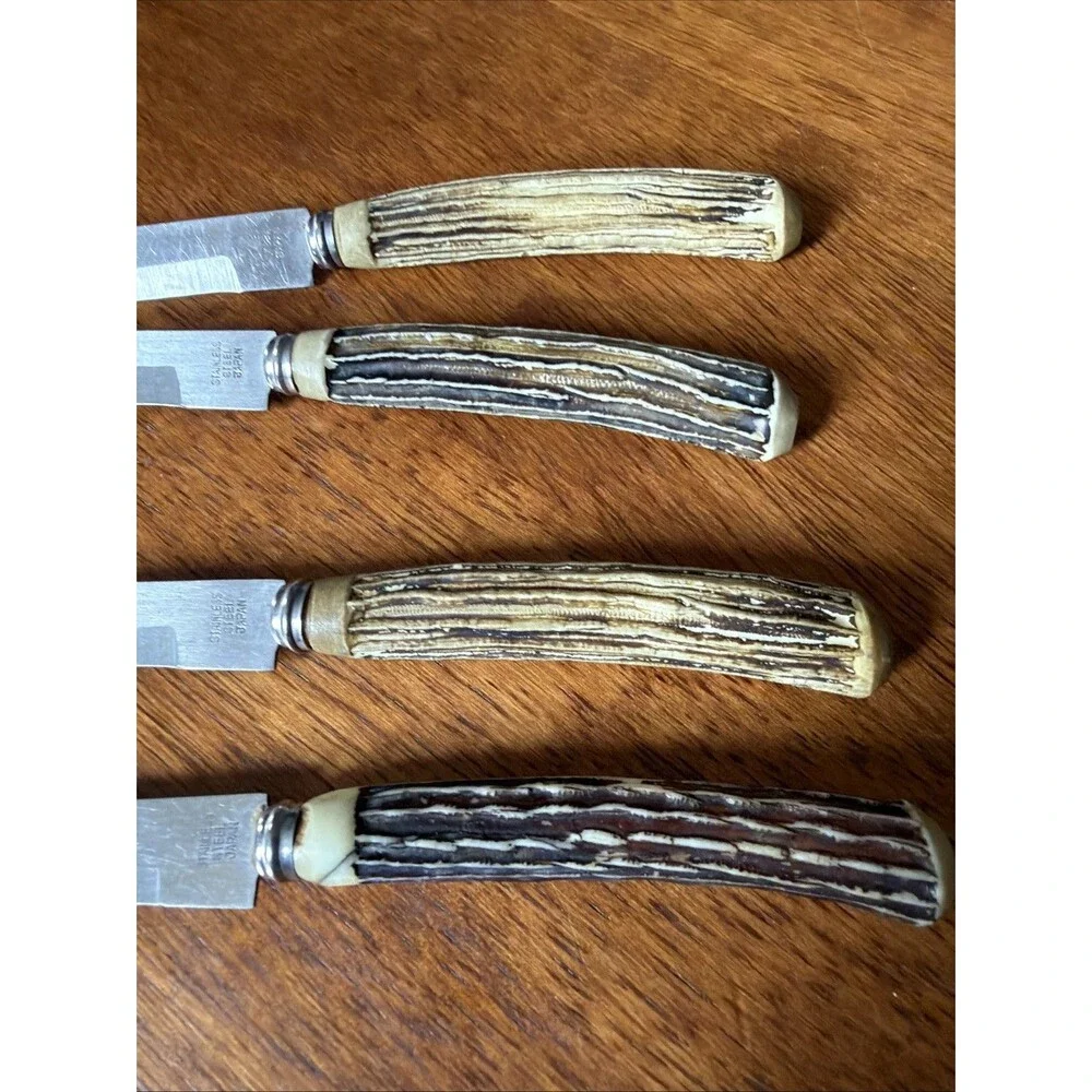Stainless Steel Blade Steak Knives Faux Stag Horn Antler Handles Japan Set of 4